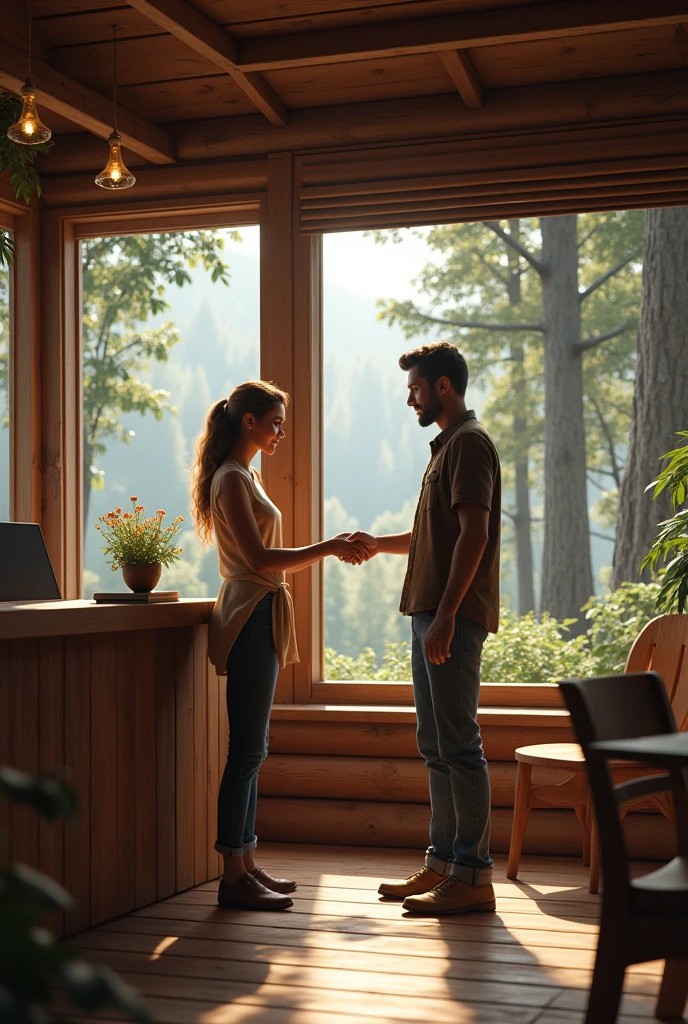 Make a picture in the reception of a cabin in the woods where the receptionist gives you the key to the cabin