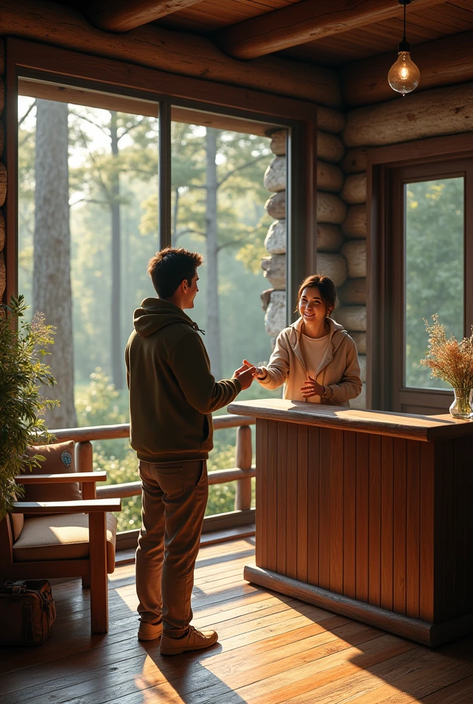 Make a picture in the reception of a cabin in the woods where the receptionist gives you the key to the cabin