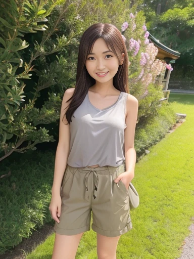 Japanese female, (underweight), (medium bust best quality:1.0), 30 years old, (cheerful grin:1.3),
grassland, blissful, standing, looking to the right, straight hair, khaki short cargo pants, gray tank top, japanese, with a hill, with a flower, in the afternoon, full body shot, from side, low angle shot, midday