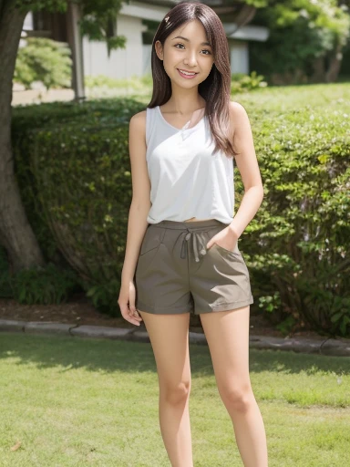 Japanese female, (underweight), (medium bust best quality:1.0), 30 years old, (cheerful grin:1.3),
grassland, blissful, standing, looking to the right, straight hair, khaki short cargo pants, gray tank top, japanese, with a hill, with a flower, in the afternoon, full body shot, from side, low angle shot, midday