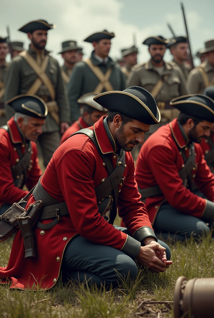 British soldiers in red uniforms praying for forgiveness surrounded by American soldiers during the American Revolutionary War