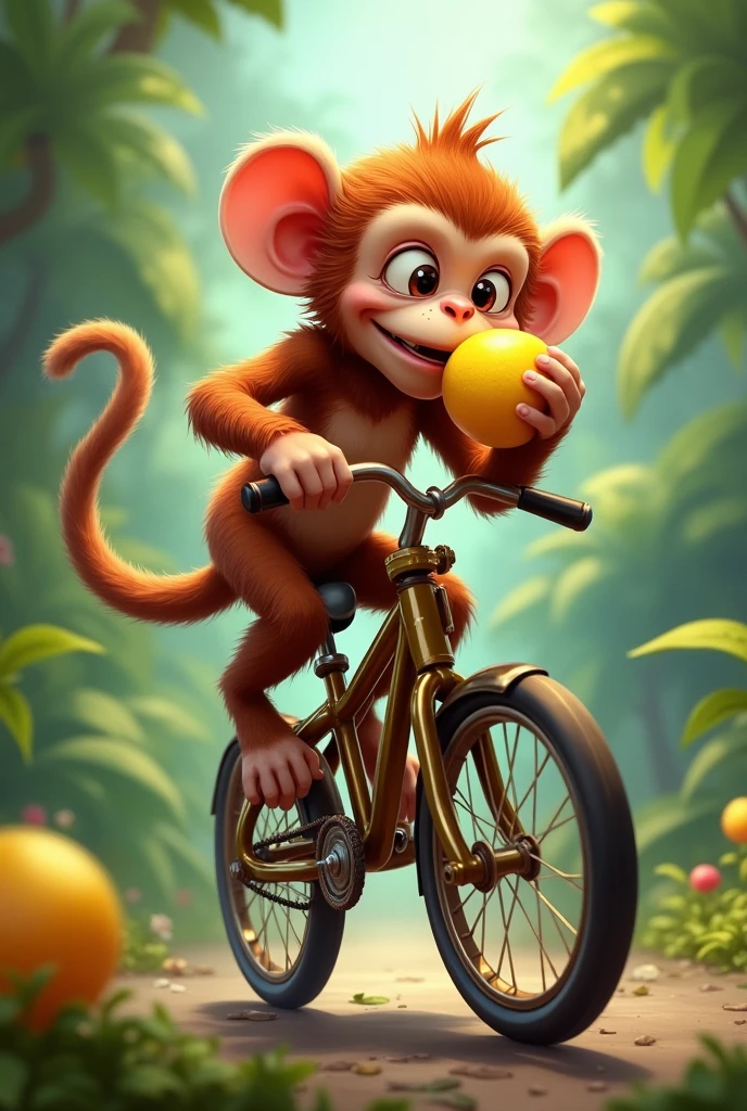 please draw a monkey eating a petuche in a monocycle