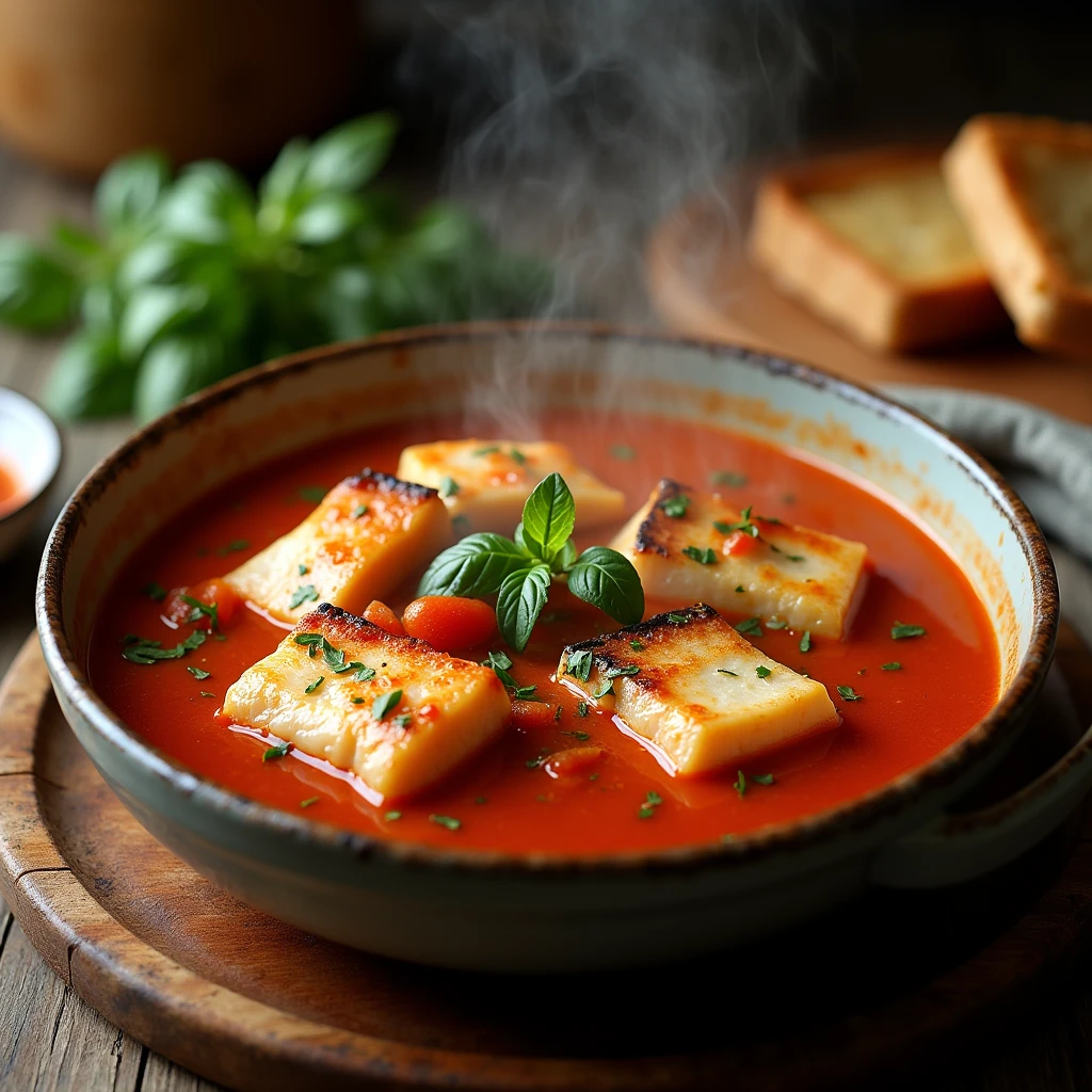 cacciucco soup, medium sized fish fillet pieces in tomato sauce in a plate on the table