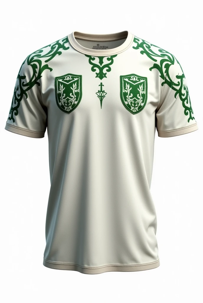 White T-shirt with green patterns and knight-inspired patches on the shoulders and side, on a white background 