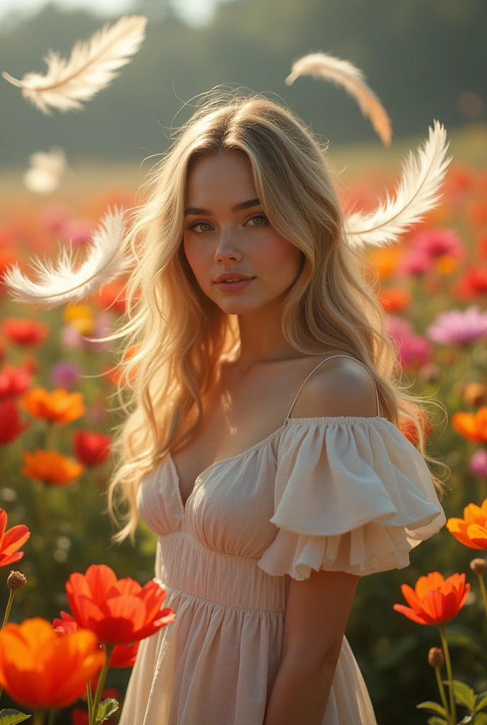 Sabrina carpenter on a colorful flower field, white feathers falling burning, full body
