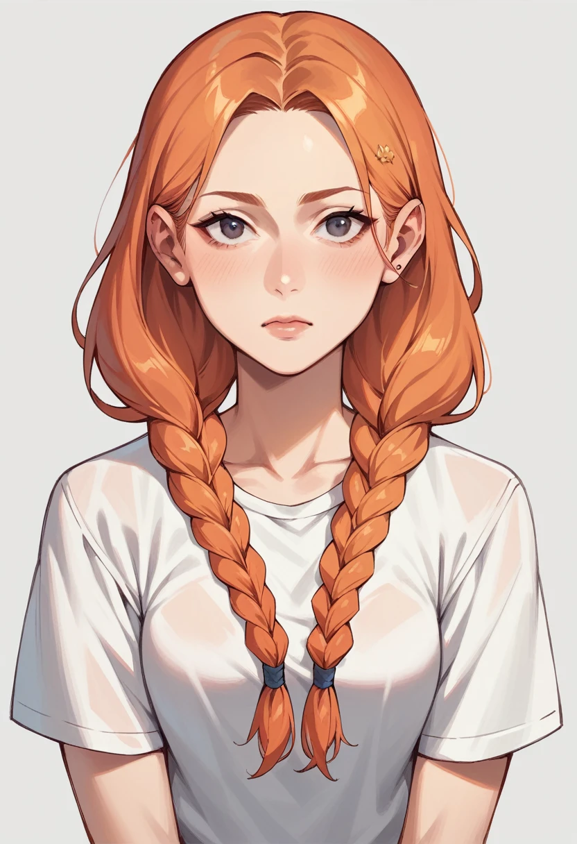 (masterpiece, top quality, Best Quality),  art,1 girl,Whole body, 
orange hair,braided hair,white shirt with red borde