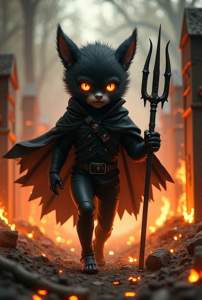  child, black fur, black leagwear, with a trident and a black cape, shorty, in the cemetery on fire, walking on the coals, with the face of an attack EXU MIRIM