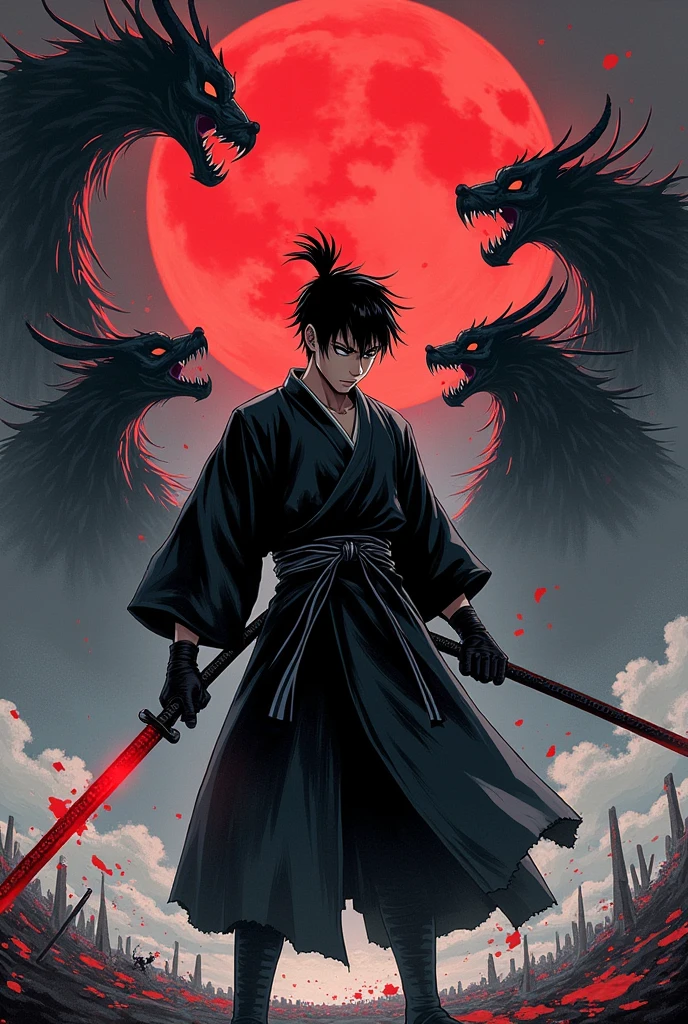 A final manga fight scene between a young man in samurai attire with black hair who carries a katana that has a red aura against a villain who summons shadows, 4 shadows surround him 