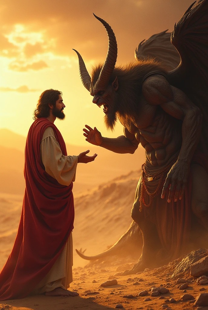 Create a striking image of the Devil presenting a grand temptation to Jesus in the desert, such as offering wealth or power. Depict Jesus with a calm and unyielding expression, rejecting the Devil’s offer, while the Devil appears persuasive and alluring. The setting should feature a desolate, sun-scorched desert with stark contrasts in light and shadow to highlight the temptation's gravity. The overall mood should convey the epic struggle between spiritual integrity and temptation.








