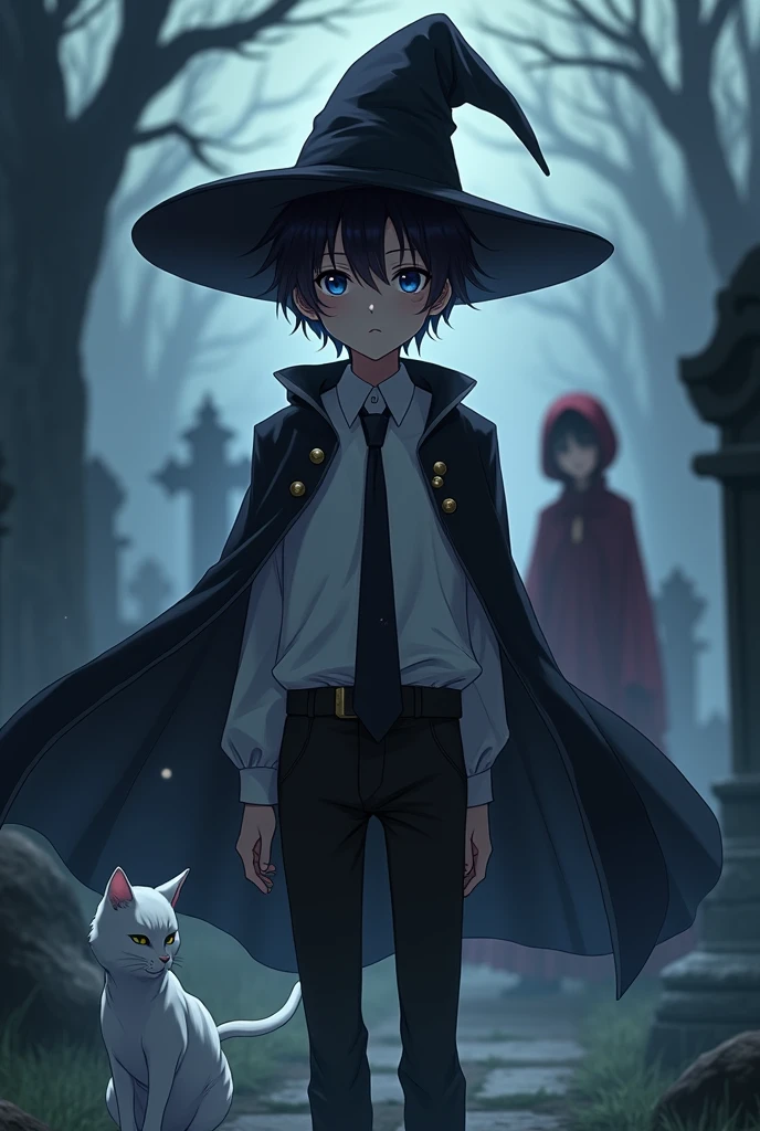 Anime boy with a witch's hat and a costume with a white shirt and a black tie and black pants in a cemetery and behind him a white cat and the environment is at night with fog and the boy has a cape and on the máscara a su frente de gato rompida y que a su detrás este una chica con traje con copa de vino a su detrás y que su estatura sea mediana