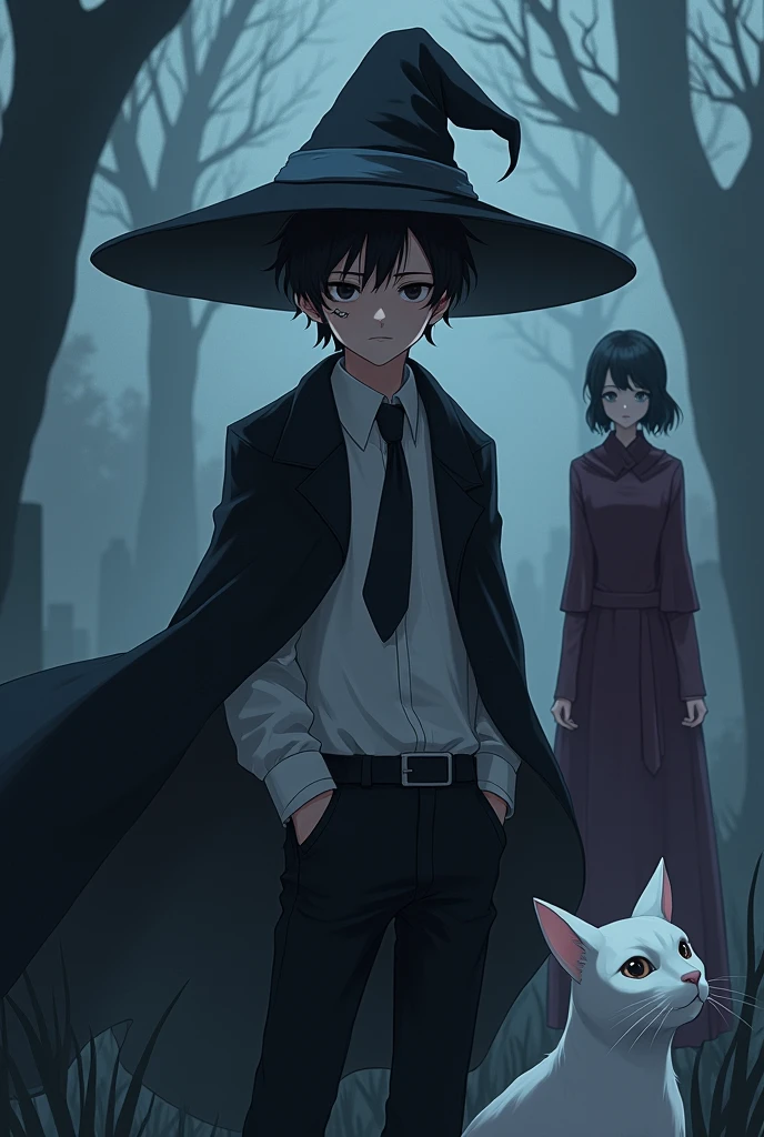 Young anime boy  with black hair and a jazz hat with a white shirt and a black tie and a blue jacket and black pants and black shoes. The young man is bleeding and has blood all over his shirt, kneeling in front of a church with graves behind him, ghosts of girls and boys with a disinterested expression and his mouth to the side with blood and the surroundings are at night with a waning moon. 