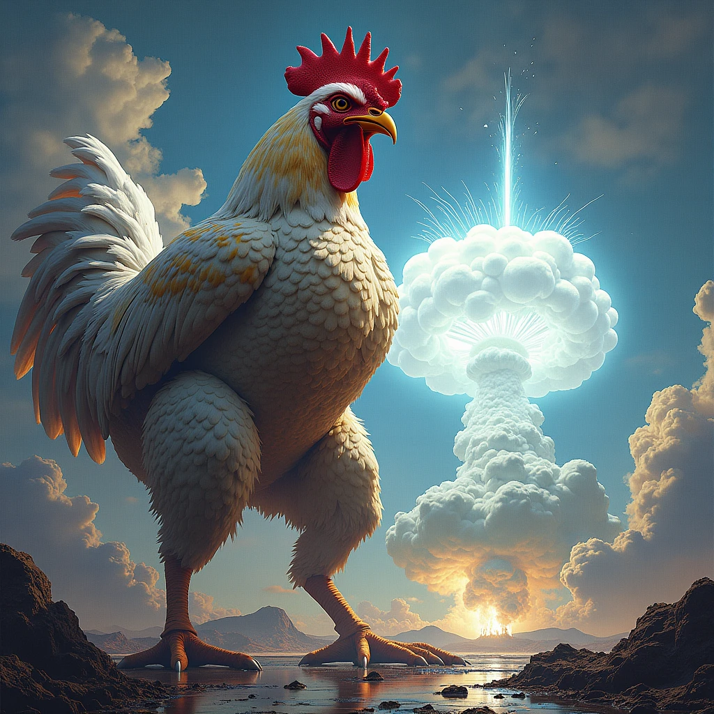 A giant and extremely muscular chicken, with bright and detailed feathers, stands imposing. The sky is darkened by clouds of dust and ash as a huge atomic bomb descends from above. The chicken, with a defiant and powerful expression, prepares to receive the impact. The impending explosion lights up the surroundings with a blinding flash., reflecting the strength and tension of the moment