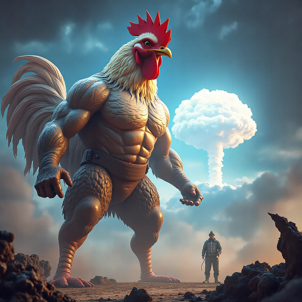 A giant and extremely muscular chicken, with bright and detailed feathers, stands imposing. The sky is darkened by clouds of dust and ash as a huge atomic bomb descends from above. The chicken, with a defiant and powerful expression, prepares to receive the impact. The impending explosion lights up the surroundings with a blinding flash., reflecting the strength and tension of the moment