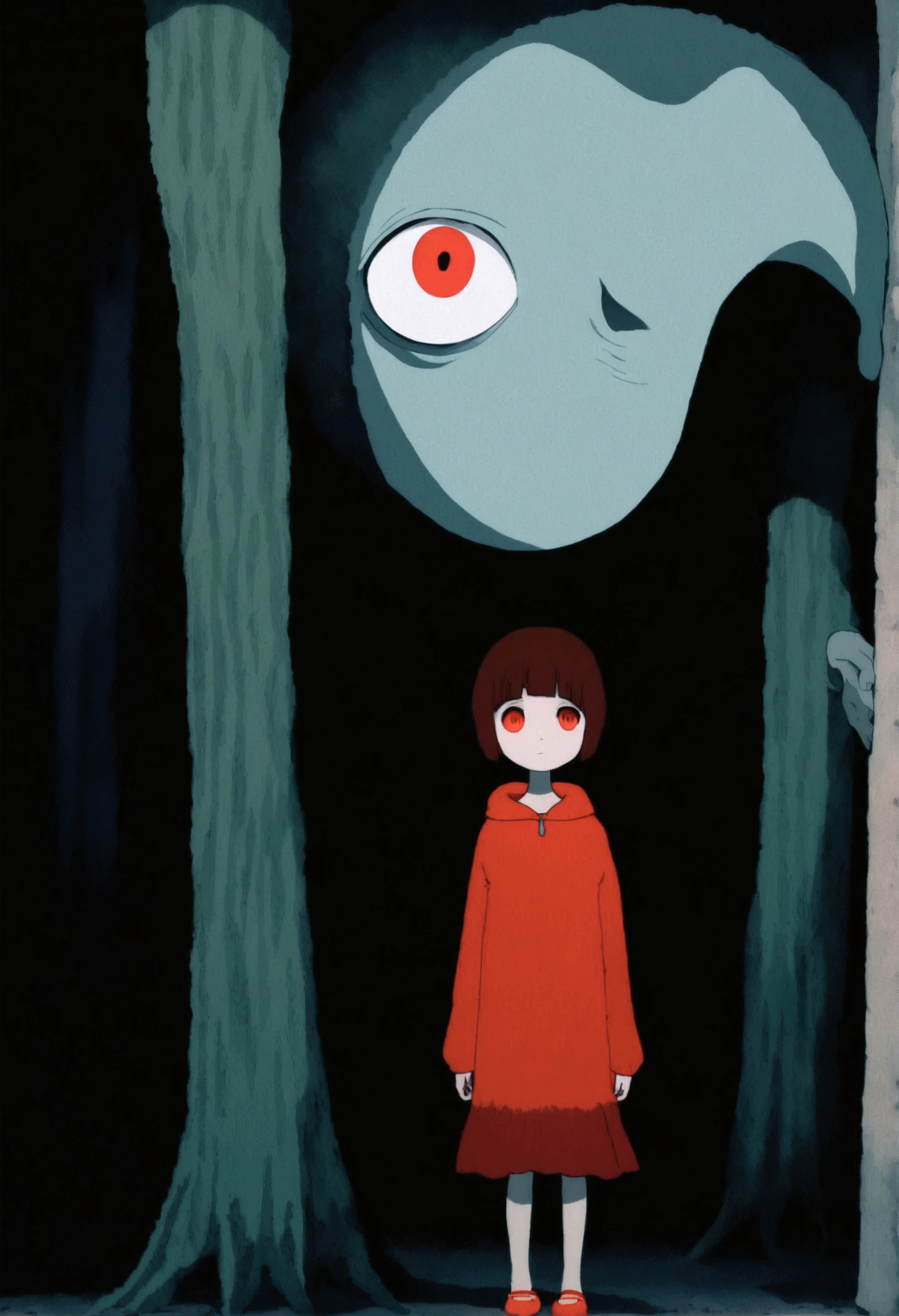 painting of a person standing in front of a red eye, yume nikki, animated film still, still from animated horror movie, inspired by Junji Ito, animation film still, one eye red, red-eyes, visible pupils, inspired by Gertrude Abercrombie, junji ito artwork, eerie and grim art style, red eyes wide open, animation still