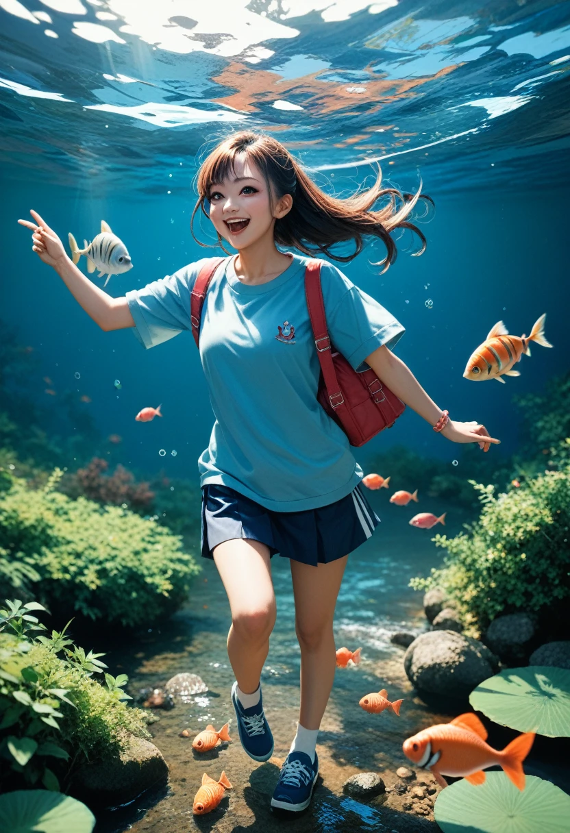Japanese high school girl catches huge fish in river、happy