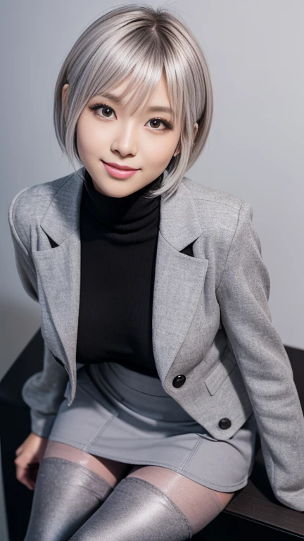 (A 20-year-old Japanese black gal who is just the right type to build a friendship with), Woman wearing(Detailed pencil mini skirt and grey suit jacket:1.4), (office lady), (Black Pantyhose:1.5), (Over the knee boots:1.5), RAW Photos, Realistic:1.6, quality:1.5, 8k, masterpiece:1.3, Ultra-high resolution:1.0, Sharp focus:1.2, (Big Breasts:1.4), Beautiful woman with perfect figure, Highly detailed face and skin texture, Detailed eyes, double eyelid, (kuro-gyaru makeup:1.2), Perfect facial balance, (smile:1.1), ((Silver short hair:1.3)), Beautiful studio soft light, Rim Light, Vivid details, Ultra-realistic, Octane Rendering, Beautiful skin in every detail, Realistic Skin, (View your viewers), (Simple black background)