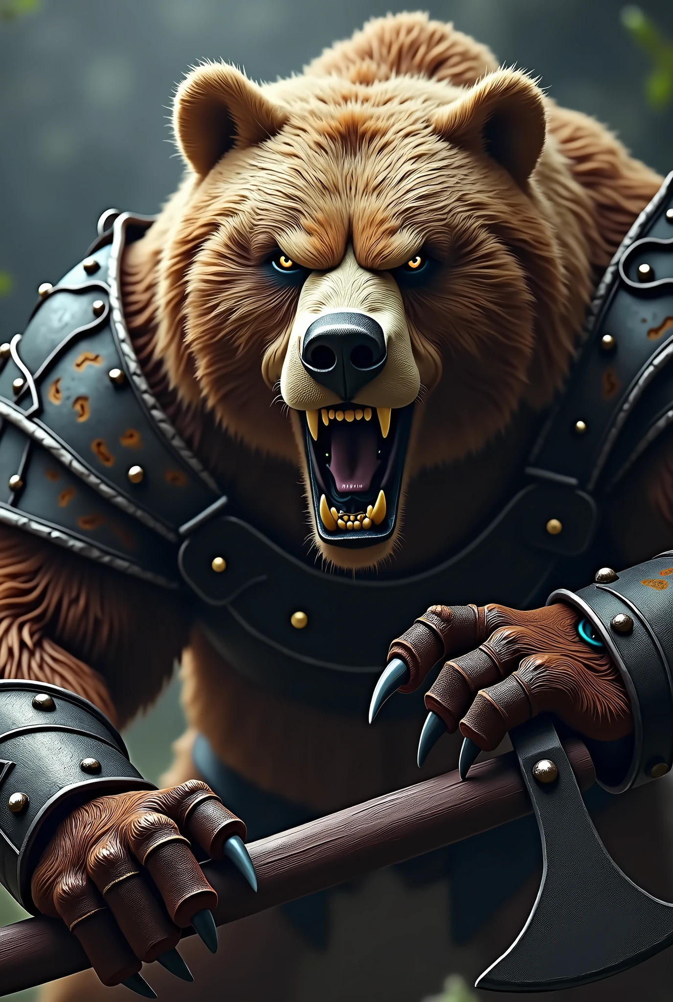 close up face angry warrior bear, open claws on display, attacking, battle armor, attacking com a pata, armed with an axe