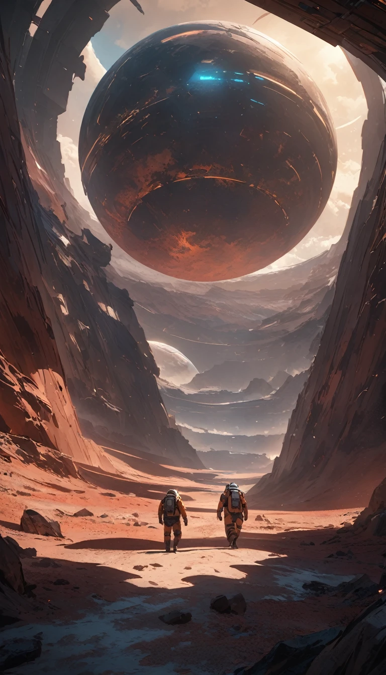 a vast, desolate landscape of the surface of Mars, futuristic colonization, advanced technology, domed habitats, solar panels, robotic machinery, terraforming equipment, explorers in pressurized spacesuits, stunning vistas of the red planet, breathtaking alien scenery, epic sci-fi atmosphere, cinematic lighting, hyper-realistic details, muted color palette, dramatic shadows and highlights, masterpiece, best quality, 8k, HDR, photorealistic