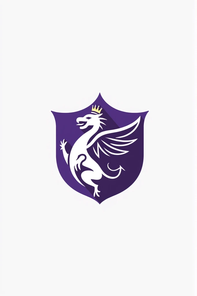 Football shield logo with outline of dragon with wings and crown in minimalist purple and white color