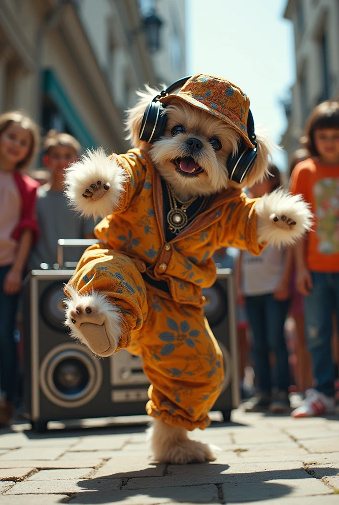 hyper-realistic photo of a Shih Tzu wearing Life DJs clothing and a bucket hat breakdancing in front of a crowd of kids in a circle with a stereo in the corner