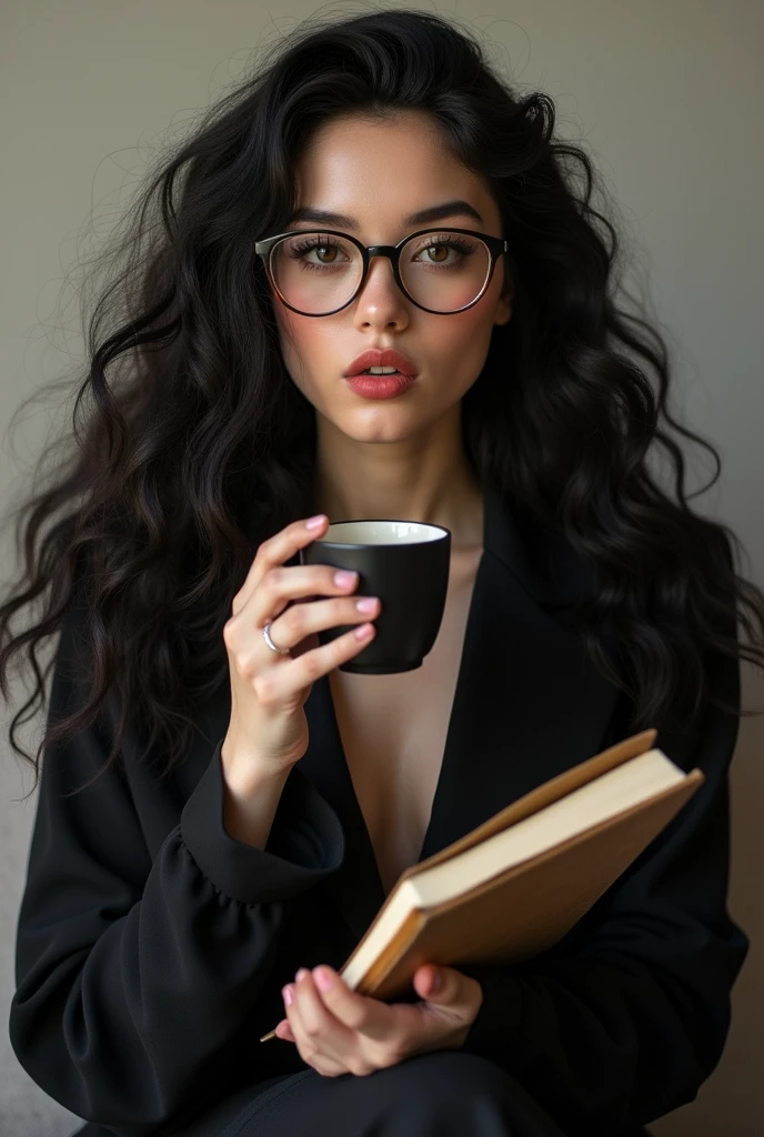 white skin woman, long hair , cacheado blackw, rounded face, Prominent cheeks,
red colored enlarged lips, lightbrown eyes, Wearing prescription glasses, blackw, holding a book and a cup of coffee 

