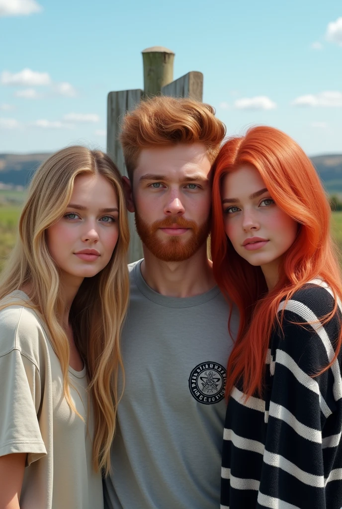 (photorealism:1.2), Candid outdoor photography featuring three young adults. The layout is a close-up photo with a scenic backdrop of a clear blue sky and distant hills. The subject includes two women and a man. The woman on the left has long blonde hair, fair skin, and is wearing a light-colored top. The man in the center has short red hair in an American cut, a well-defined red beard, fair skin, and is wearing a gray graphic t-shirt. The woman on the right has long red hair, fair skin, and is wearing a black and white striped sweater. They are all leaning against a wooden fence, with the women hugging the man on either side. The overall mood of the image is casual and relaxed.