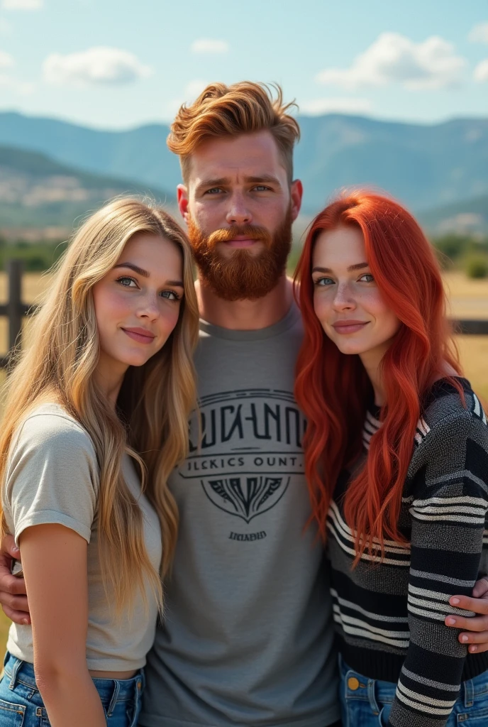 (photorealism:1.2), Candid outdoor photography featuring three young adults. The layout is a close-up photo with a scenic backdrop of a clear blue sky and distant hills. The subject includes two women and a man. The woman on the left has long blonde hair, fair skin, and is wearing a light-colored top. The man in the center has short red hair in an American cut, a well-defined red beard, fair skin, and is wearing a gray graphic t-shirt. The woman on the right has long red hair, fair skin, and is wearing a black and white striped sweater. They are all leaning against a wooden fence, with the women hugging the man on either side. The overall mood of the image is casual and relaxed.