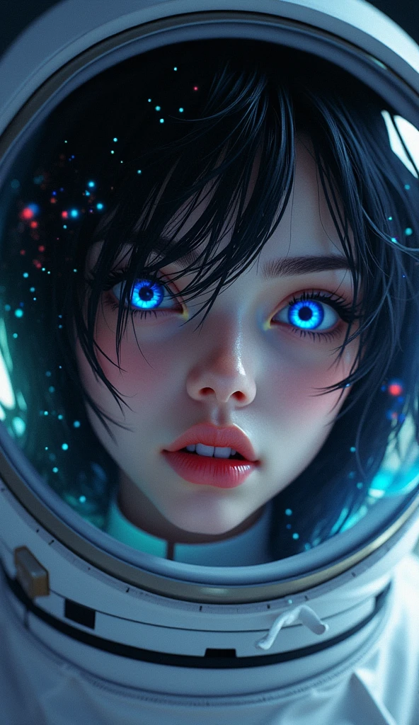 (Face close-up:1.5)0.9]、(Space and astronauts:1.2) (Messy black hair:1.1) (Heterochromia and blue eyes:1.2) (Space Helmet:1.0) (Colored stars in the eyes:1.0) (Shining Sparkle:1.1) (Thick lips:0.9)、Stars reflected in the helmet々