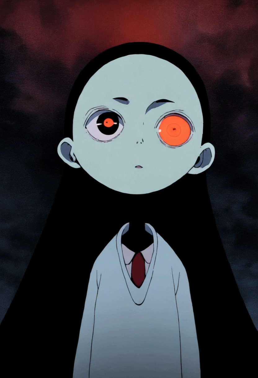 painting of a person standing in front of a red eye, yume nikki, animated film still, still from animated horror movie, inspired by Junji Ito, animation film still, one eye red, red-eyes, visible pupils, inspired by Gertrude Abercrombie, junji ito artwork, eerie and grim art style, red eyes wide open, animation still