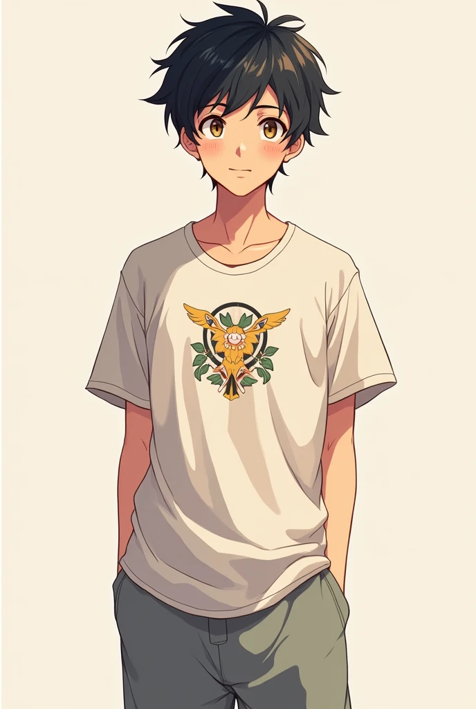 Anime Boy in pajama pants with ancient brand on chest