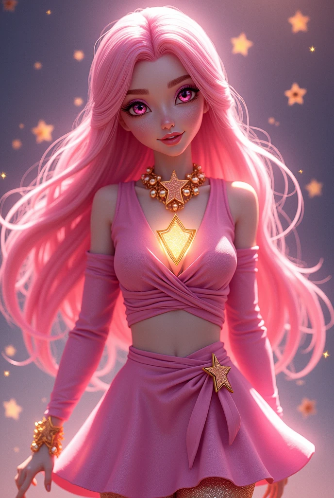 Star Darlings. Libby from Star Darling. Libby has long, shiny hair and pink eyes. Her wardrobe and pretty much everything else about her is pink too. Her style doesn't only show her status in the world but also has an "I'm rich but humble" look. Her outfit consists of a wrapped blouse with a star clasp, a star-embellished skater skirt, glitter tights and a pair of Mary Jane wedges to complete her look. Like all Starlings, she has slightly sparkly skin and a rosy complexion. A constellation of golden stars rings Libby's dazzling necklace, wish energy rippling across the stars. On Wishworld, the necklace will glow to alert Libby when she's close to the right Wisher. Starland is a planet and irregularly shaped celestial body inhabited by Starlings. Due to its bright yellow glow, it resembles a star from a distance. Starland resembles Earth or Wishworld, possessing unnamed continents and oceans, large cities and various landscapes. It’s most notable trait is the widespread wish energy that makes nearly, if not all parts of the planet glimmer. It hosts unique flora and fauna that are often edible. Unlike Wishworld, Starland lacks marine animals such as fish. In the series it appears to be nighttime constantly, while in artwork daylight skies are shown. In the books they’re heavily implied to experience daytime, supported by the presence of a Sun in their solar system as well as Lightfall. Just like Wishworld, Starland gets rain, snow, wind, and lots of sunlight. However snow takes a form heavily resembling confetti, as it appears as colorful shining flakes. Rain is also more of a glittery wet mist in various colors than clear drops of wather. Starlings are a species of humanoid beings who inhabit the planet of Starland, being the dominant species and providing energy to power their civilization. Starlings are largely indistinguishable from humans, or Wishlings, possessing a range of skin tones from pale to darker skin, body types, as well as various eye and hair colors.