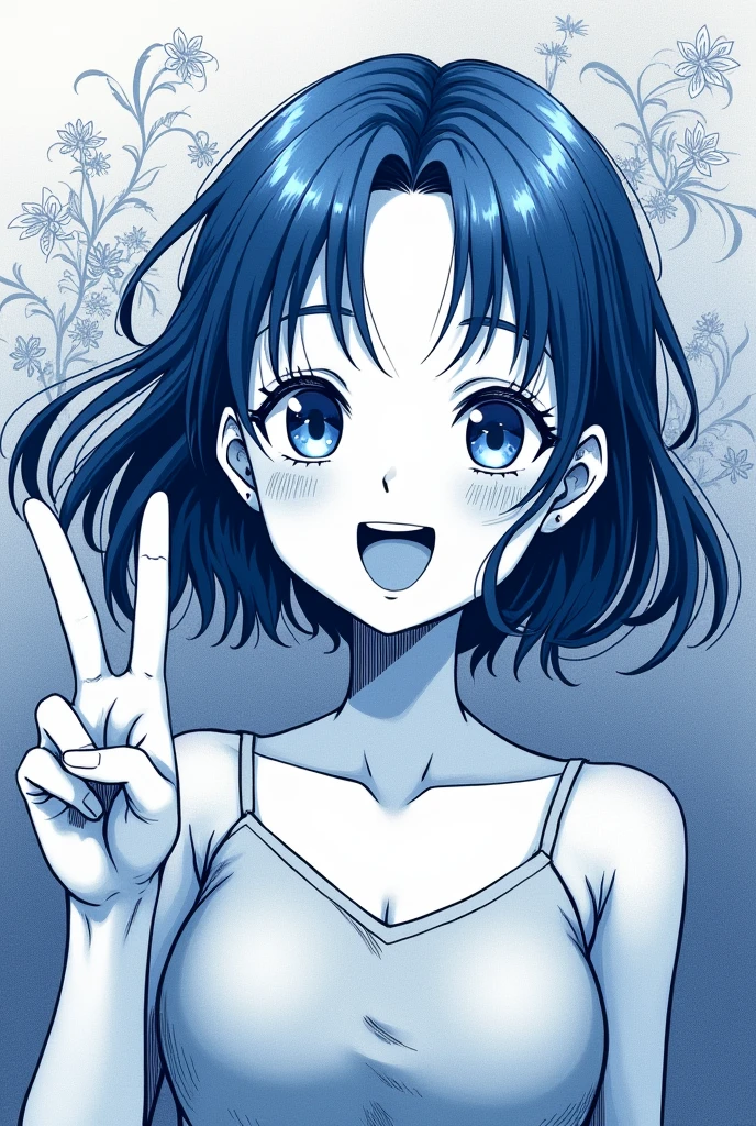 Monochrome manga art style, spirited Japanese 1 woman, lustrous blue hair cascading just below her shoulders, glowing with vitality, bright smile illuminating her animated face, cheerful expression captured in delicate ink lines, her right hand elegantly raised, forming a peace sign, gesture embodying joy and tranquility, dynamic pose filled with youthful exuberance, richly detailed large expressive eyes shimmering with life, delicate contours accentuating her gentle features and playful demeanor, soft shadows enhancing  depth and creating a harmonious balance, character set against a gradient of deep soft grays, intricate backgrounds of abstract floral patterns finely integrated into the composition, capturing the essence of the moment, the atmosphere exuding positivity and youthful freshness, stylistic composition adhering to traditional manga aesthetics with intricate hatching and cross-hatching techniques, showcasing elegance and finesse, conveying lively emotions through exaggerated expressions. High-contrast delicately inked lines, emphasis on expressive  details, capturing the spontaneity of the moment, expressive monochrome palette allowing for rich emotional depth, emphasizing the character's warm and cheerful spirit