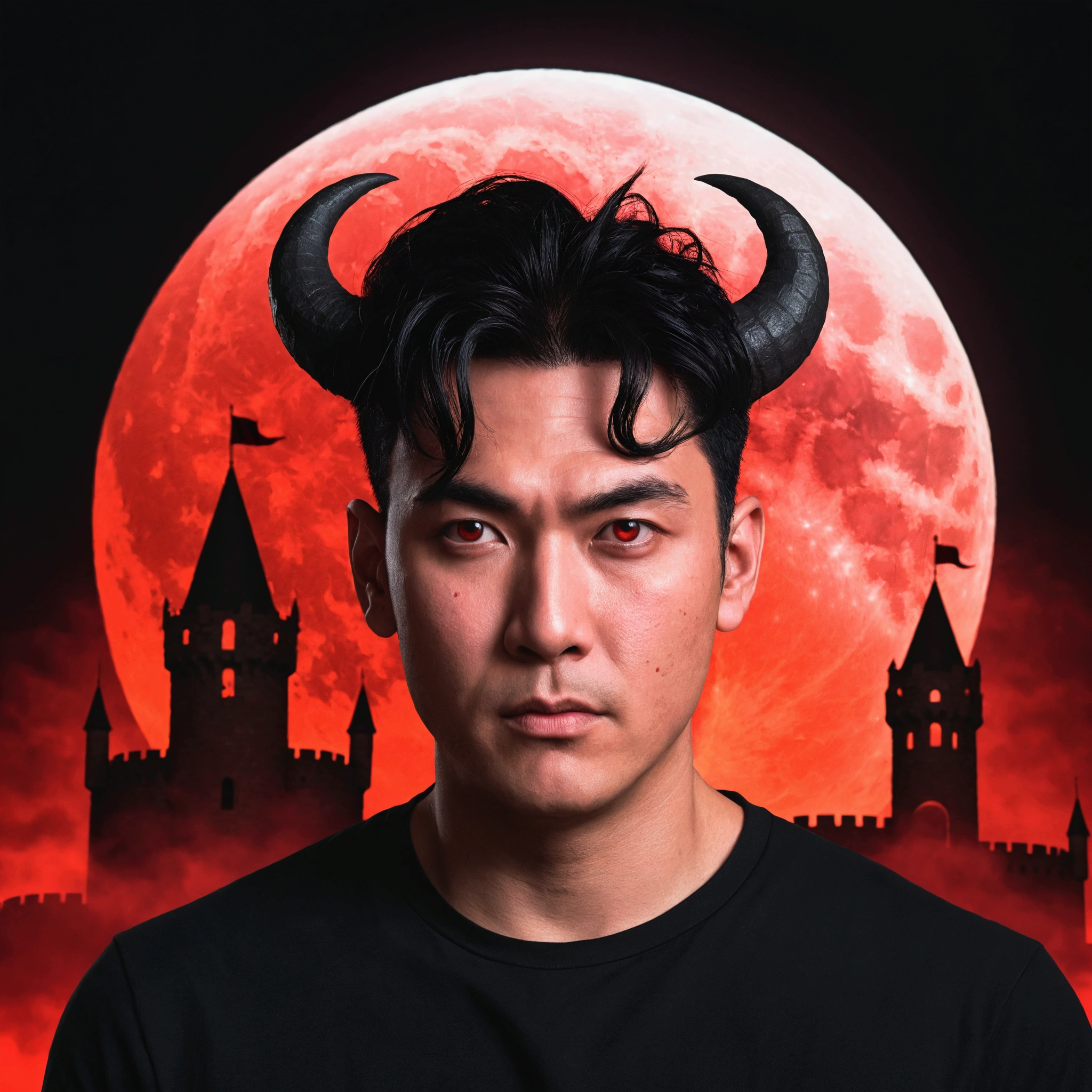 A man with a bright red face, black hair, and red horns He wears a black shirt Behind him is a red moon in the sky with castles that have a red light