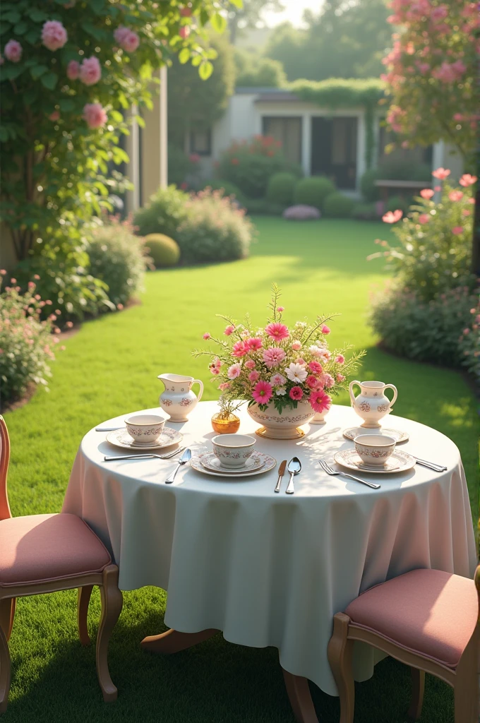 A breakfast table in a garden with lawn