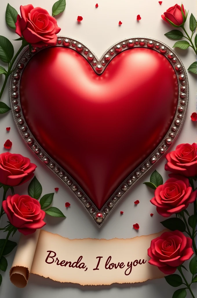 A red 3D heart and on the edge of the silver heart with the name Chriss and Bren at the bottom of the heart two bouquets of roses with a scroll that says Brenda I love you