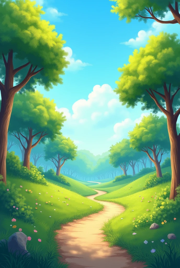 Tree-lined paths,The background color of the poster is mainly bright sky blue