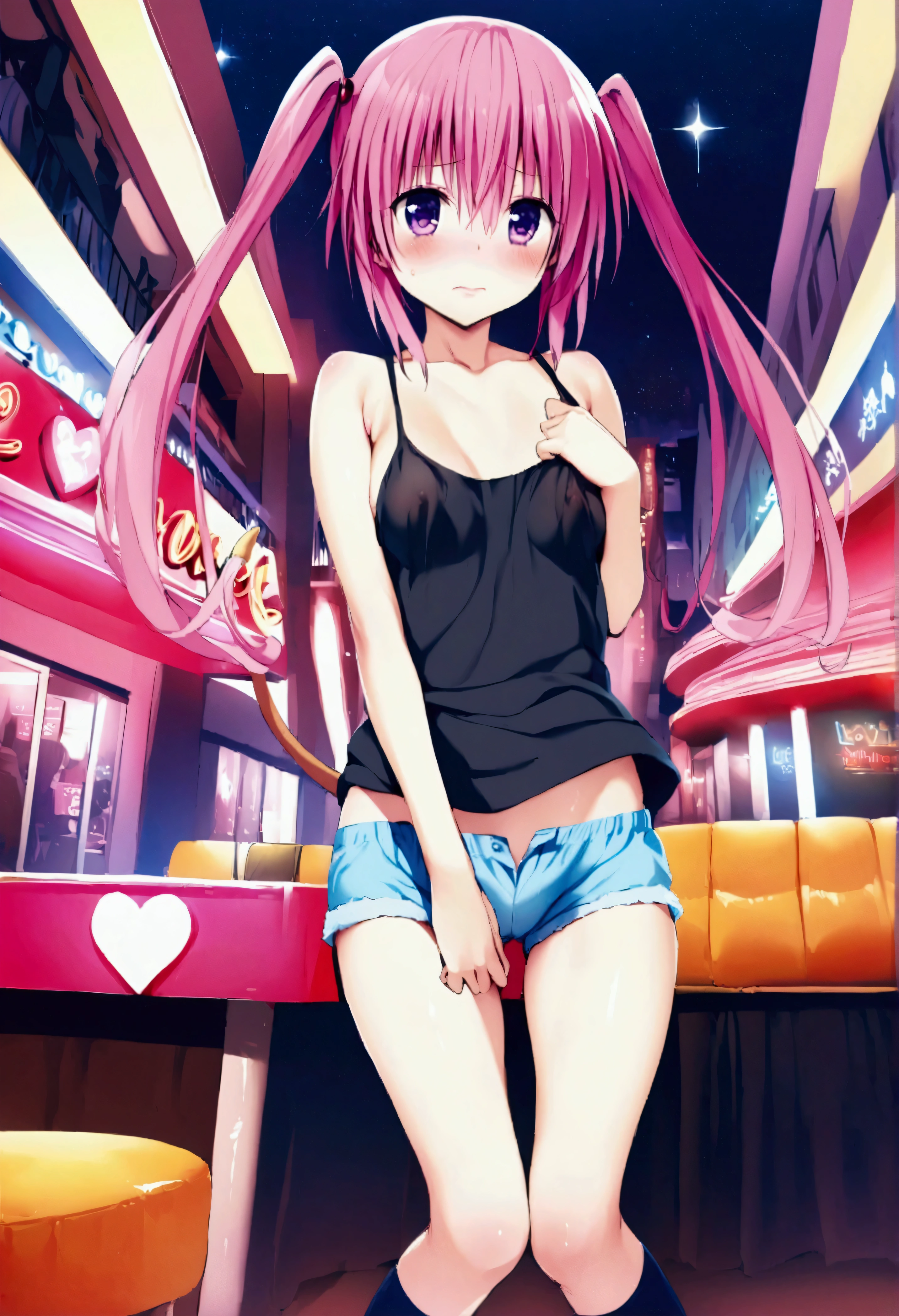 NSFW,masterpiece,Highest quality,High resolution,Very detailed,Nana Asta Deviluke\(To Love-Ru\),Pink Hair,Purple Eyes,long hair,Twin tails,tail,Small breasts,Tank top,Shorts,Low rise,Knee-high socks,Embarrassed,is nervous,Nightlife,Love Hotel