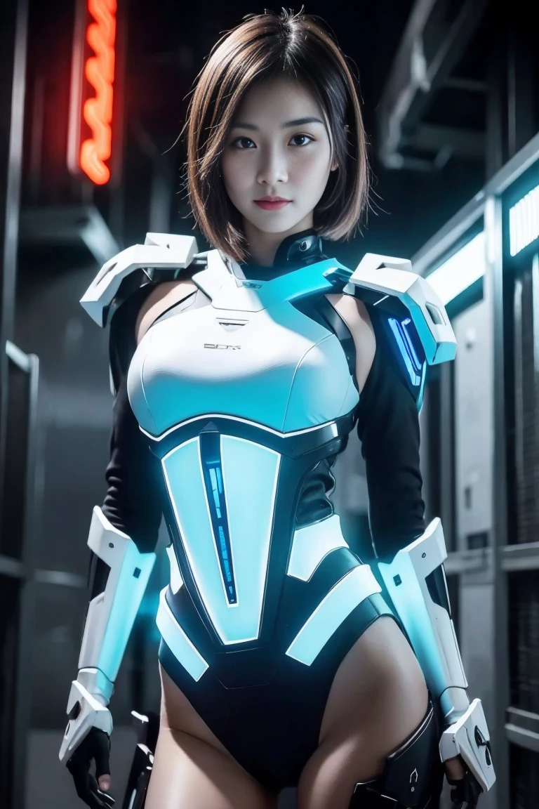 Beautiful Mech Warrior, Small white combat suit with blue LED lights, Show belly, Short blonde hair, shaved on one side, high-tech, assassin, Show lots of skin, Oily skin, Show abdomen, cyberpunk city background, of the future, It is detailed and complex., rift, sexy masterpieces, best quality, Highest quality, high definition, Highly detailed, 8ก, Strong and fit body, naughty, perfect hand, detailed hands, perfect eyes, Detailed eyes, flirtatious, sexy, realistic, do not have, do not have, dynamic, rift 