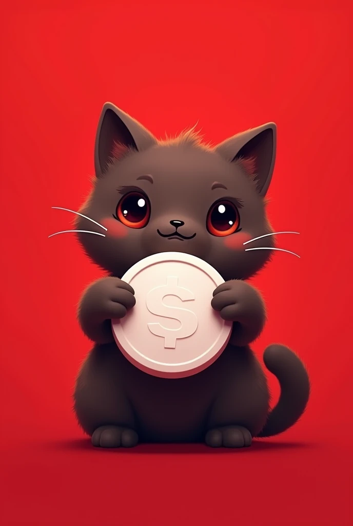 coin logo , tone network , dark brown cat , red background , oggy inu , cat inu , cute, clean, holding a white blank coin, TRX logo