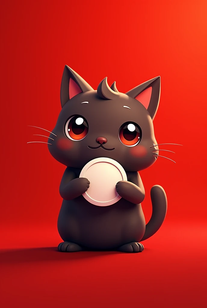 coin logo , tone network , dark brown cat , red background , oggy inu , cat inu , cute, clean, holding a white blank coin, TRX logo