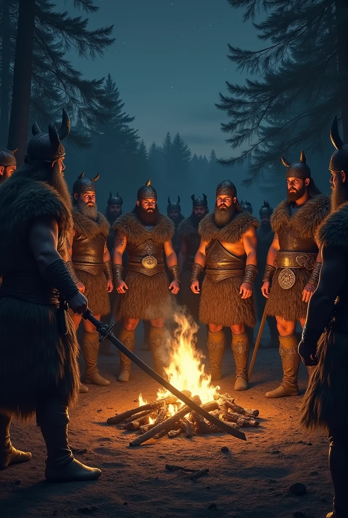 Create a character sheet for a meeting of Germanic trivial bosses at an open-air meeting at night under the light of the torches