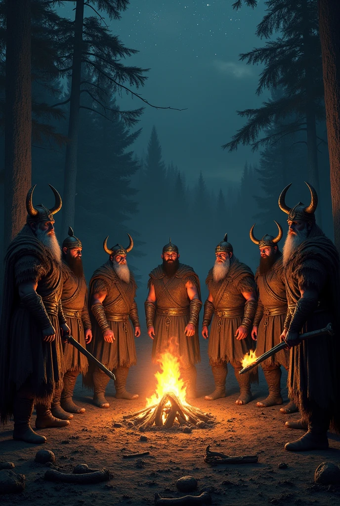 Create a character sheet for a meeting of Germanic trivial bosses at an open-air meeting at night under the light of the torches