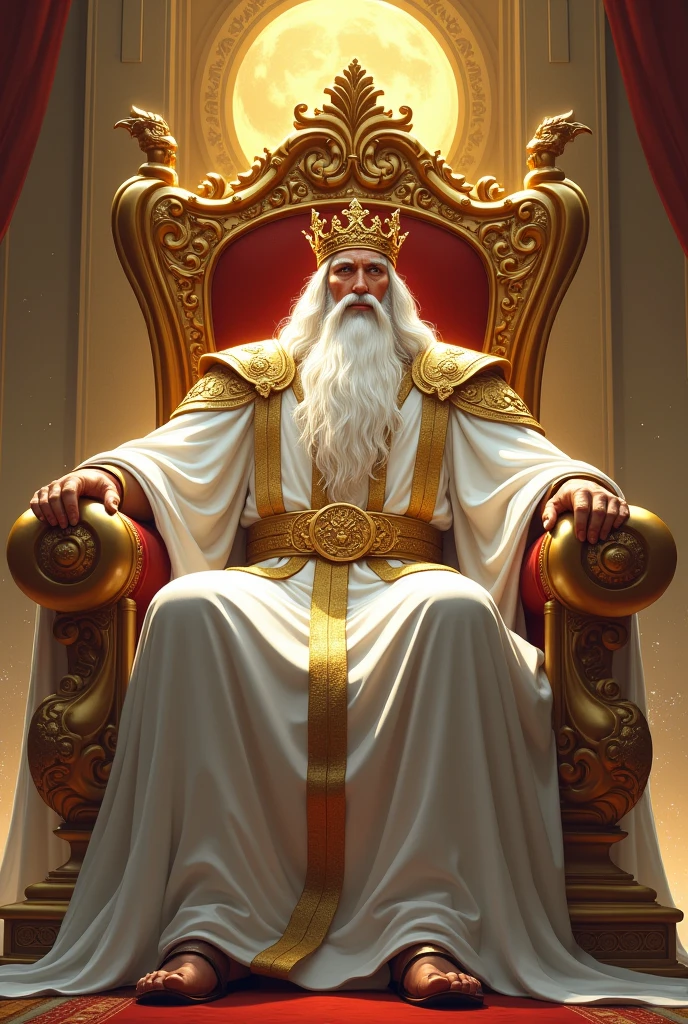 a great king sitting and leaning on a great and exalted throne all of gold. This king has a big white beard, very long white hair, white skin and a golden crown on his head. This being has white clothes, a golden belt and shoulder armor. this king is powerful and majestic.