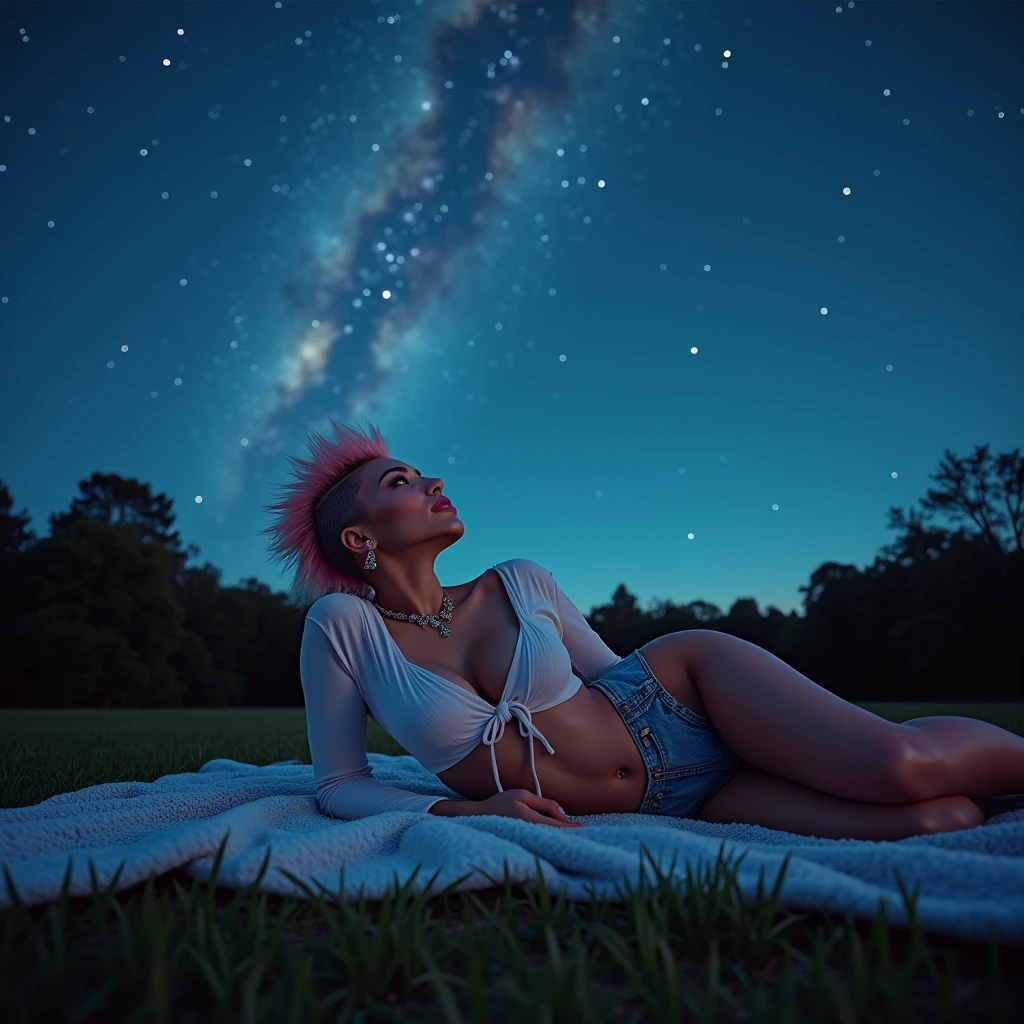 generate a master photograph describing a shapely Woman, a serene summer night sky filled with stars and a clear view of the Milky Way, with a tranquil atmosphere, (8K, best quality), she has a physique like Zendaya, long sleeves,  smile, blonde hair, pink highlights in hair, (big chest, small tiny waist, big breasts), half body, lying on a blanket on the grass, gazing up at the stars with a look of wonder, smiling gently, wearing casual home attire, (She has sexy buttocks, Most sexy booty, Most sexy glutes), Womanly, Womancore, (She has fit hips, sexy hips, sexy fit hips, extremely sexy hips), (asian skin, glistening skin, beautiful complexion), shot on Fujifilm superia, (Studio soft light, high detail, cinematic lighting, rim lighting), Style: (hyperrealistic, by DynastySeries FashionNova, photo, {{{masterpiece photography}}}, analog photograph, professional fashion photoshoot, trending on artstation, synthwave, krrrsty), Quality: (photographed, masterpiece, highest resolution), Definition: (highres, sharp focus, 8k uhd, ultra photo-realistic resolution), Film: (80 mm, shot on portra 120, shot on Fujifilm), Resolution: (extremely detailed, (sharp focus:1.5), cinematic lighting, dramatic lighting, ultra photo-realistic), luxury: mohawk hairstyle    