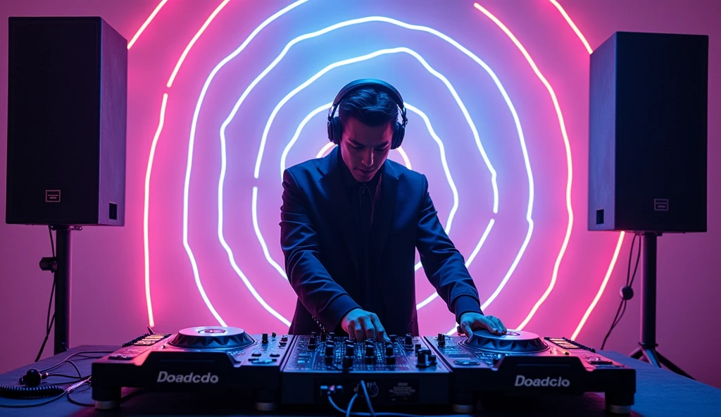 an electronic music DJ, in the background speakers from which neon sound waves come out