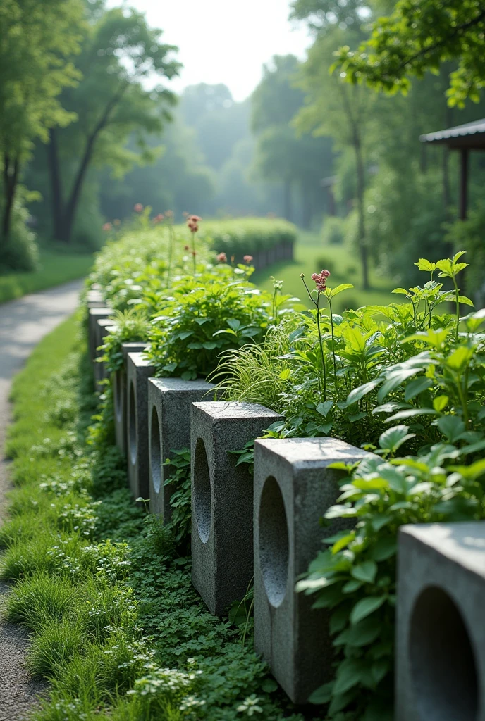 Ecological guardrail with hollow blocks filled with plants in green spaces