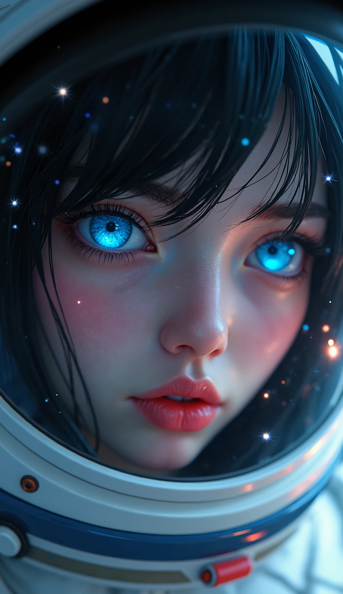 (Face close-up:1.5)0.9]、(Space and astronauts:1.2) (Messy black hair:1.1) (Heterochromia and blue eyes:1.2) (Space Helmet:1.0) (Colored stars in the eyes:1.0) (Shining Sparkle:1.1) (Thick lips:0.9)、Stars reflected in the helmet々