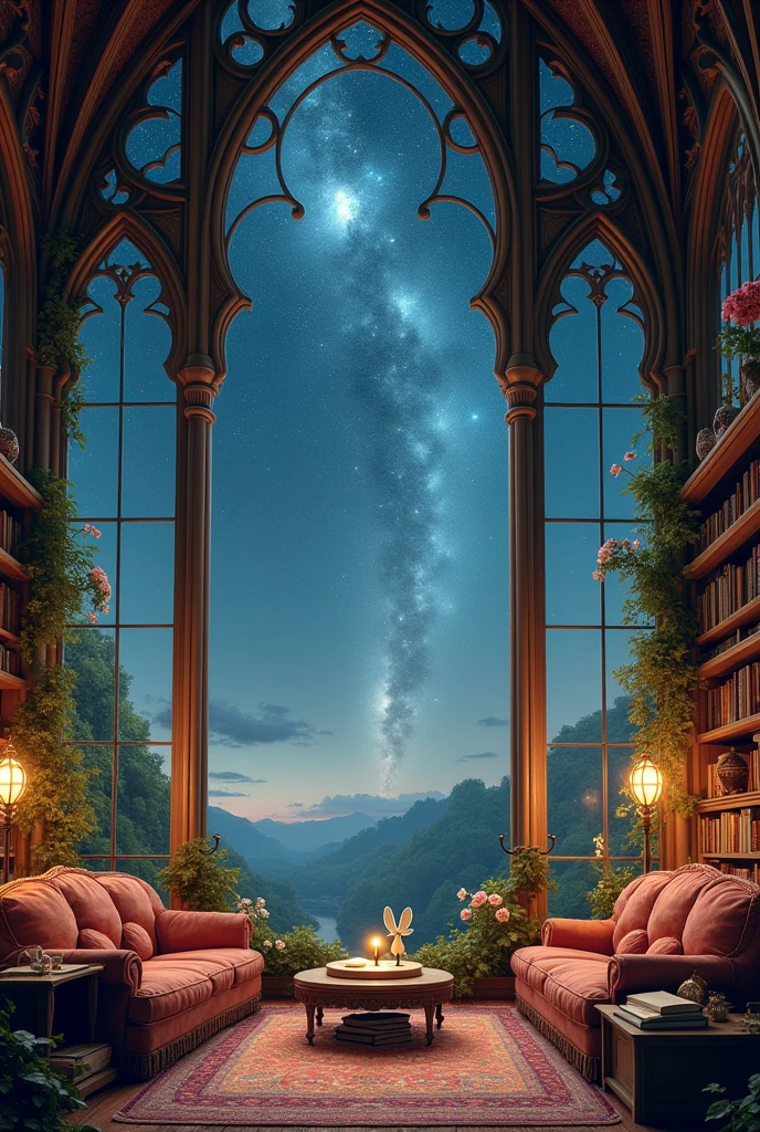 Image of the interior of a fairy retreat in outer space with a library with space for reading and creativity. Furniture with Gothic architectural features and views of the galaxy. Window shows it&#39;s night. Cozy vibe.