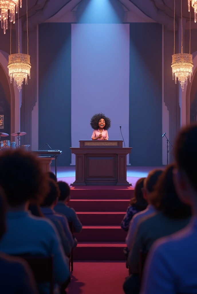 Cartoon girl 3D, disney pixar style, Create a 3D-rendered image showing the view from the congregation towards the altar, which is elevated about 1.5 meters above the floor. The altar is the focal point, with a woman preaching passionately, her face lit up with a joyful and captivating smile. She has black curly hair, with several golden streaks contrasting against the black curls. The curls are not overly voluminous but are not flat against her head either. The background features a black wall with a fabric screen used for a projector. On the left side of the scene, there is a keyboard, and on the right, a drum set is inside an acoustic room with acrylic walls. The ceiling is adorned with crystal chandeliers, each with rope details and suspended by a silver wire forming a spiral. Additionally, spotlights are mounted on the ceiling, casting focused light on the altar. The atmosphere is intimate, with a color palette of black, purple, blue, and gold, while a bright light highlights the woman at the altar, emphasizing the reverence and joy of her worship. The image is rendered in high detail, capturing the depth and realism of the scene.
