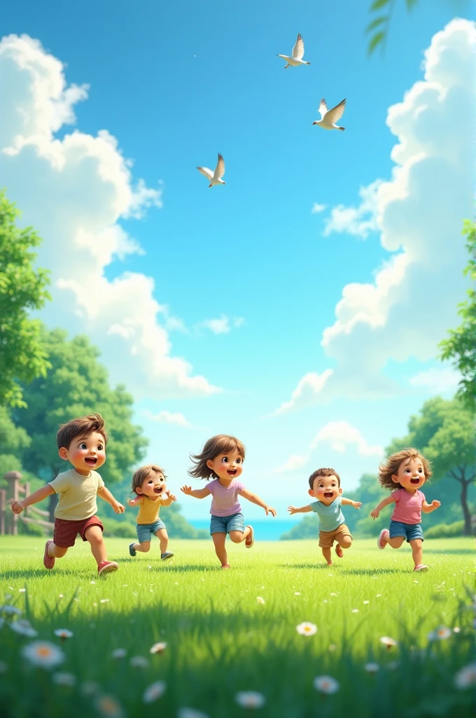 A green lawn with birds in the sky and children playing